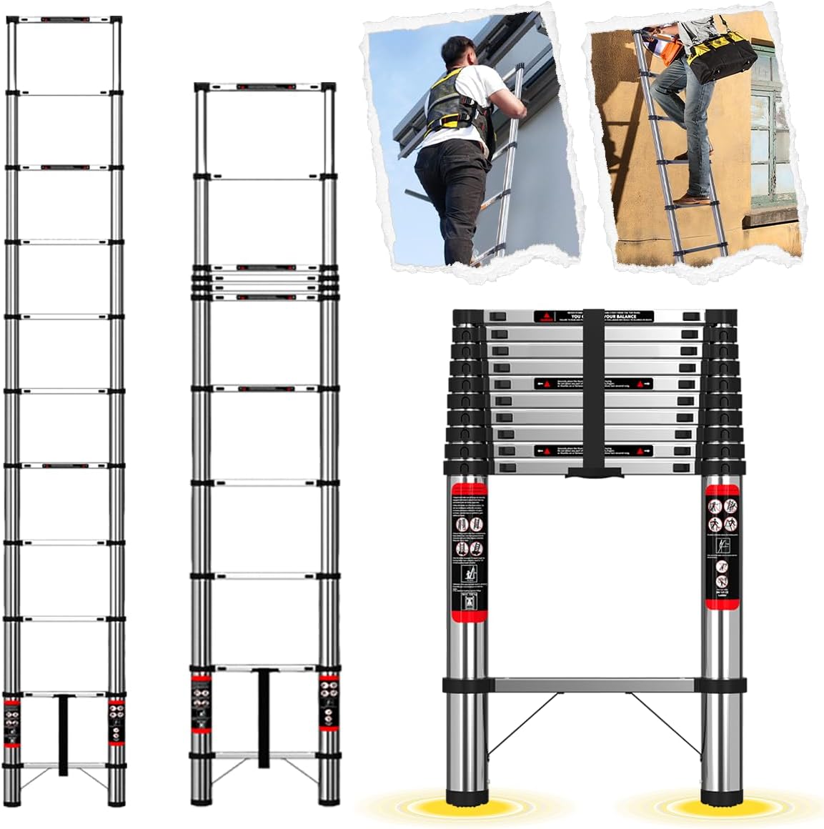 Bowoshen Escalera Telescópica De 6.2 Metros Escalera De Aluminio Segura Y Protegida Antideslizante Multiusos Escalera Extensible 20.5 Pies, 330 Libras Capacidad