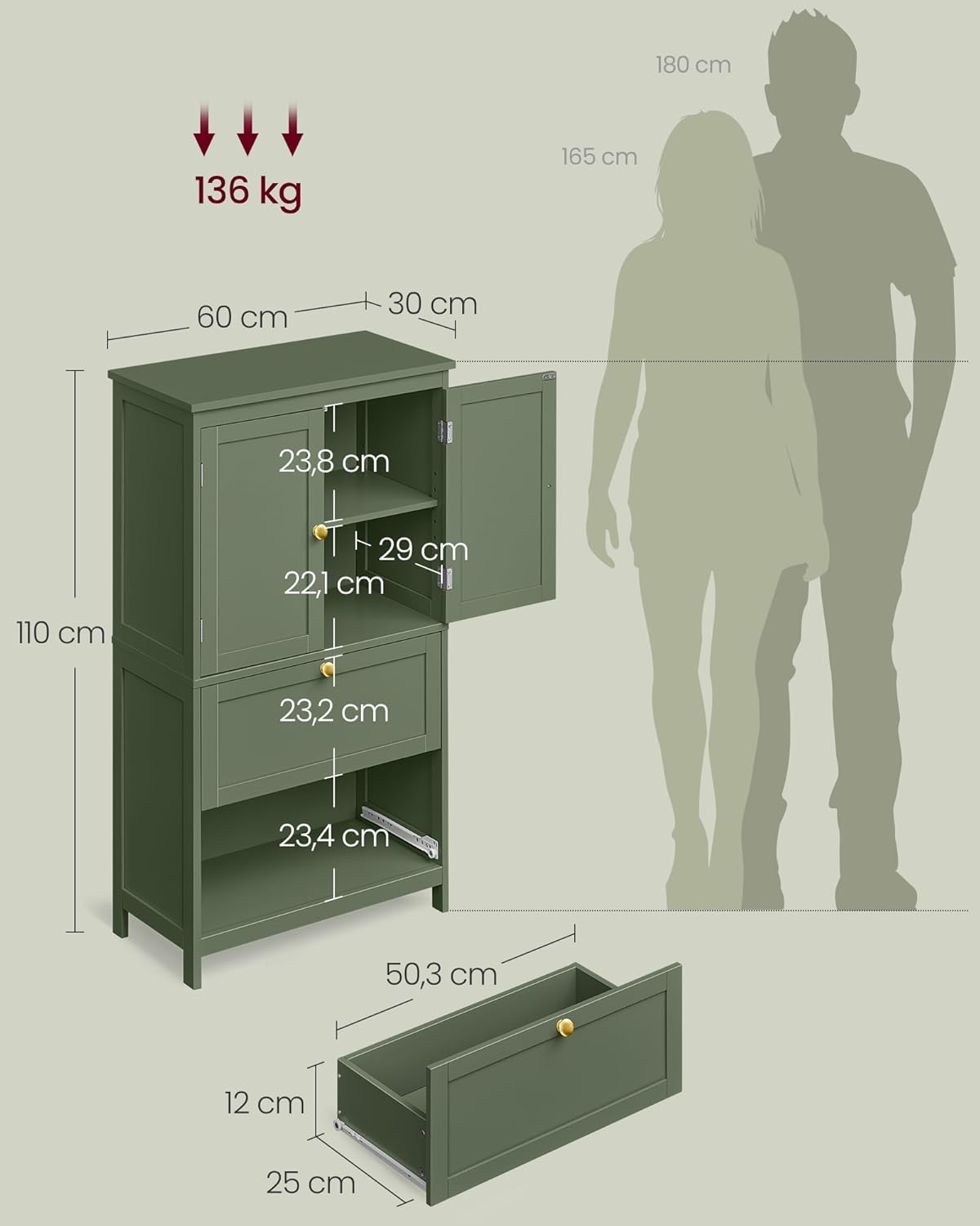 VASAGLE Mueble de Baño, Armario de Baño, Armario de Cocina, con 2 Puertas y 2 Cajones, Estantes Ajustables, 30 x 60 x 110 cm, Gris Paloma MBBC551G02