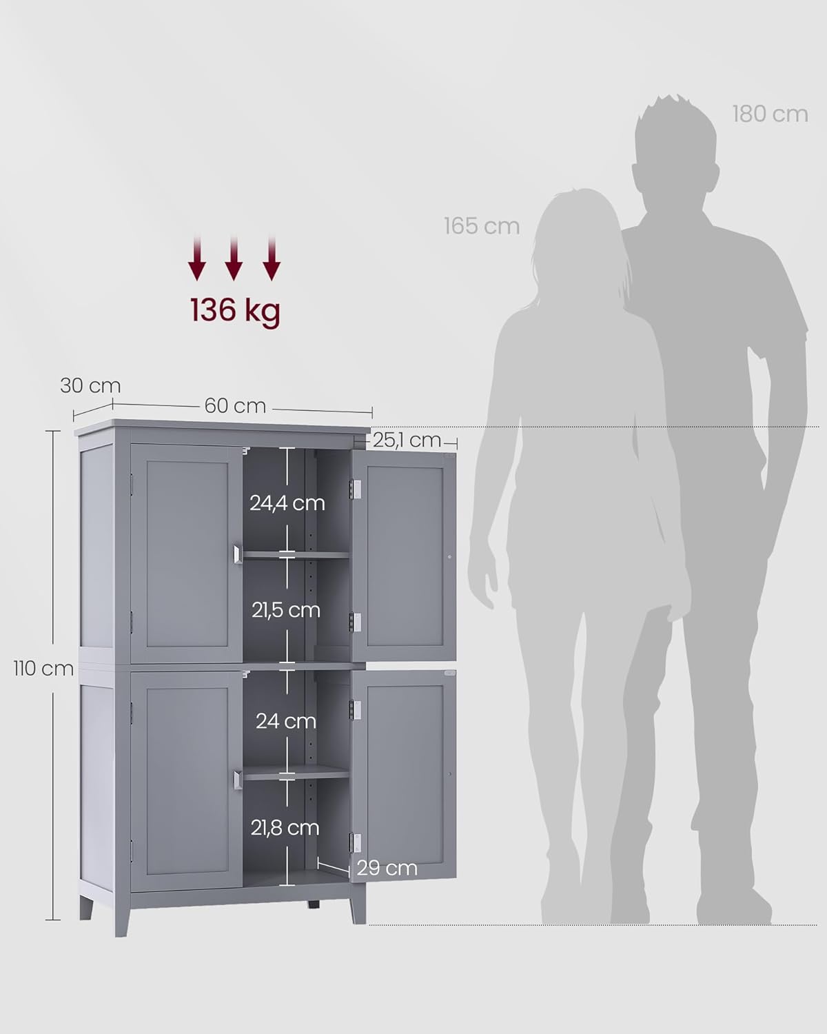 VASAGLE Mueble de Baño, Armario de Baño, Armario de Cocina, con 2 Puertas y 2 Cajones, Estantes Ajustables, 30 x 60 x 110 cm, Gris Paloma MBBC551G02