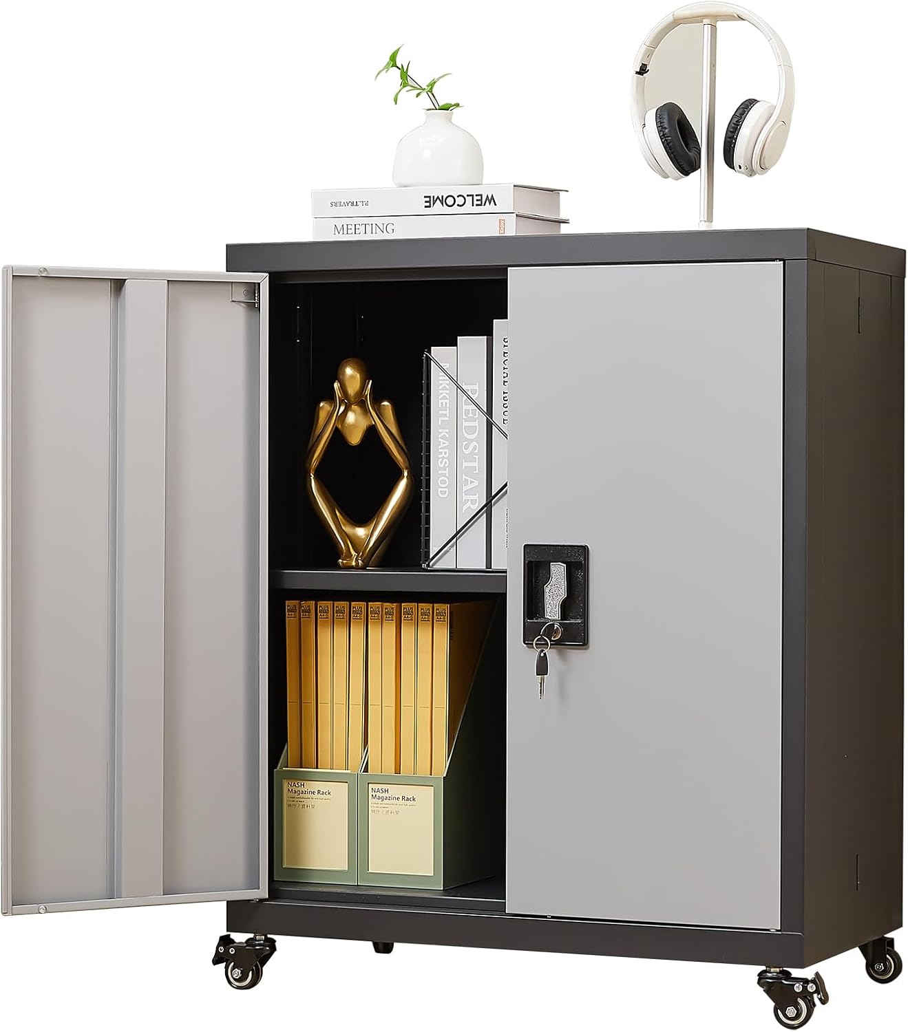 GREATMEET - clóset de almacenamiento de pared de metal con cerradura,armarios de almacenamiento de metal blanco con 1 estante ajustable y 2 puertas,gabinete de acero,desmontar H27.95 White