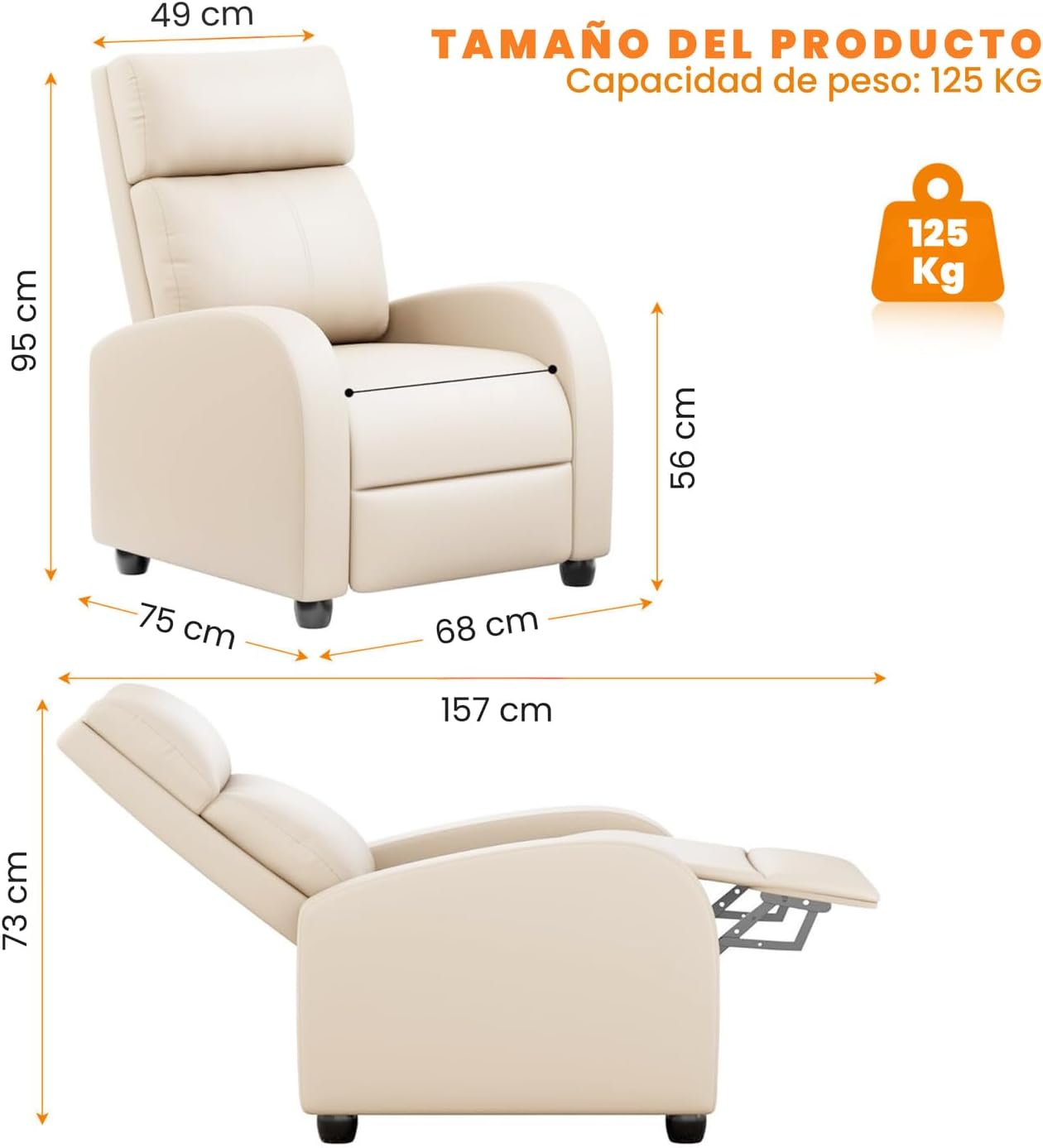 FABATO Sillon Individual-Sillon Reclinable Adultos Tipo Cine 8 Modos de Masaje con Soporte Lumbar, Reposapiés Retráctil y 3 Posiciones -Tu Mecedora Adulto de Cuero Ideal para tu casa (Crema)