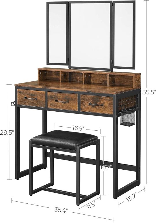Juego de Mesa de Maquillaje con Espejo Triple, Tocador con Espejo y Taburete, 3 Cajones, Escritorio de Maquillaje, Soporte para Secador, Industrial, Marrón Rústico y Negro RVT004B01