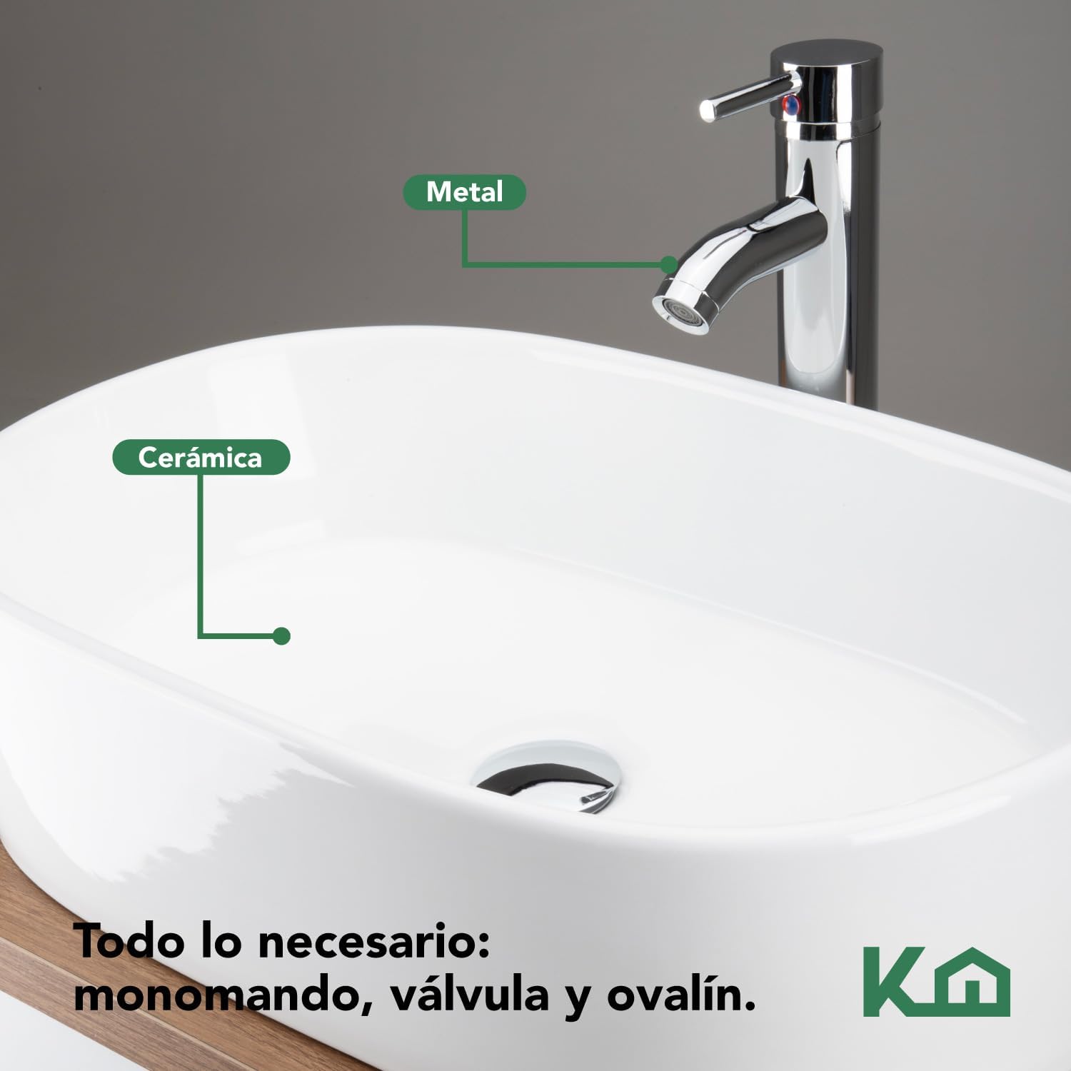 Kingshouse | Gabinete para Baño con Ovalín y Monomando – Mueble de Baño Lavamanos con 2 Cajones – Lavabo – Gabiente Organizador - Color Gris Mate – Fibra de Madera MDF – Lavamanos De Cerámica