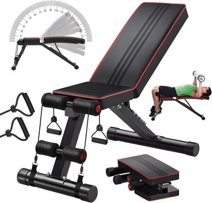 Raganet, Banco Fitness Multiposiscion, Banco de Addominales con 2 Ligas Incluidas, Asiento de Pesas Ajustable en 7 Posiciones, Soporta Hasta 250Kg, Negro