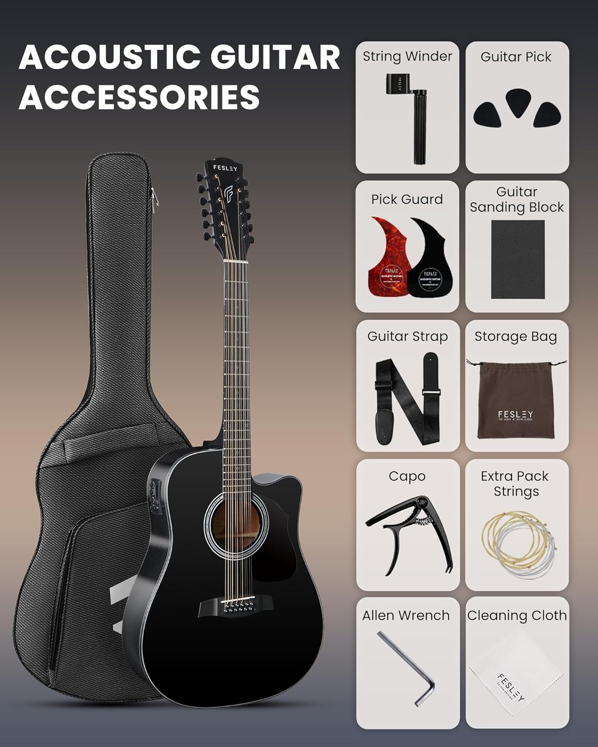 Fesley Guitarra de 12 cuerdas, guitarras eléctricas acústicas de tamaño completo para adultos, guitarra de abeto superior acústica, paquete de guitarra recortada con bolsa de concierto, púas, cuerdas, correa, natural