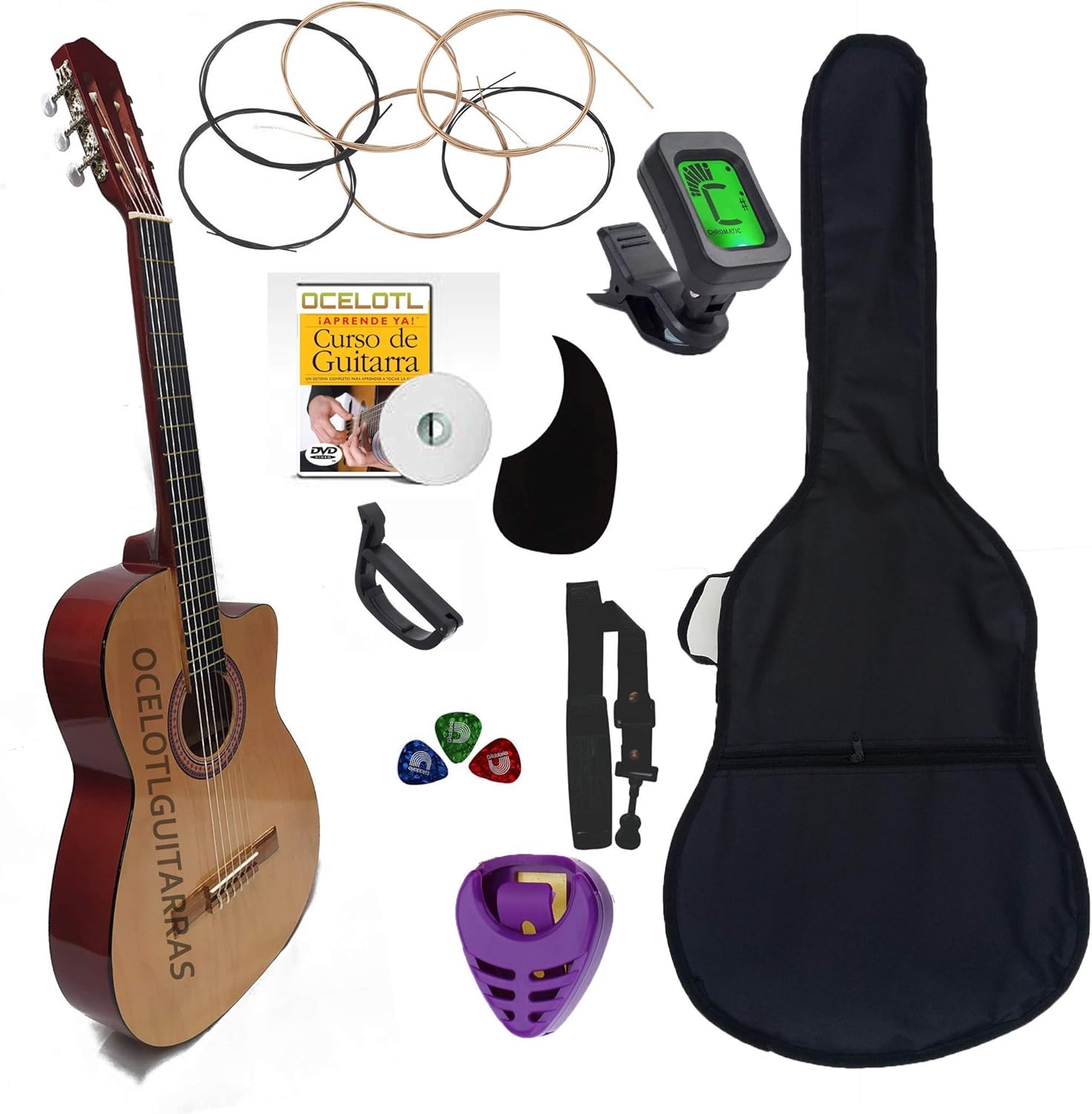 Guitarra Acústica Curva Ocelotl® Paquete Vital De Accesorios (Negro)