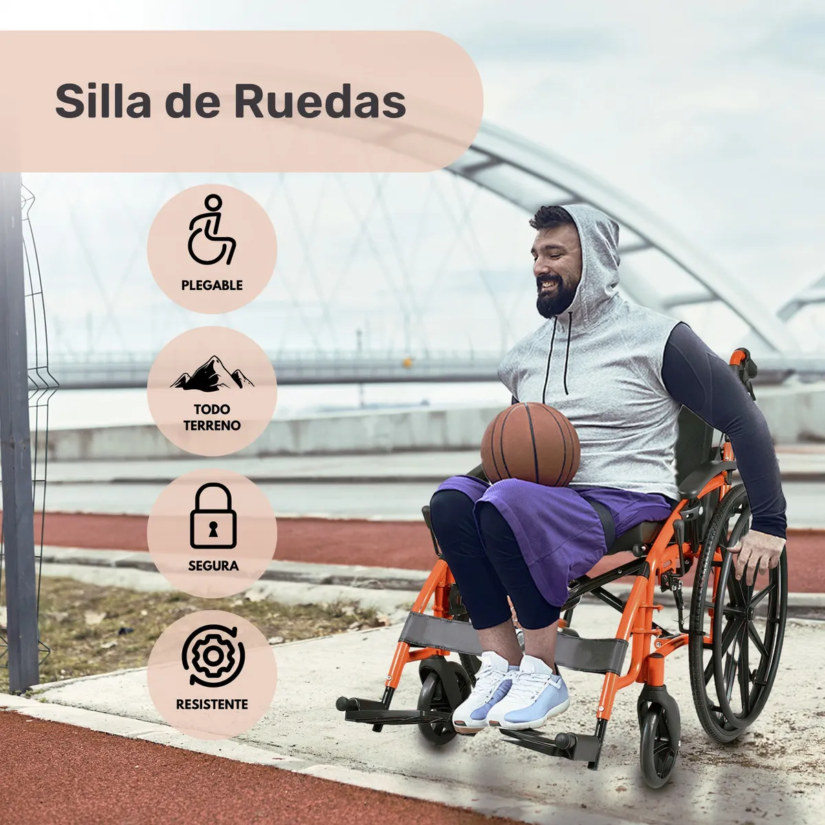 Imagen 2 de 6 de Silla de Ruedas Deportiva Centurfit Ligera Estructura de Aluminio Plegable + Rueditas Color Naranja