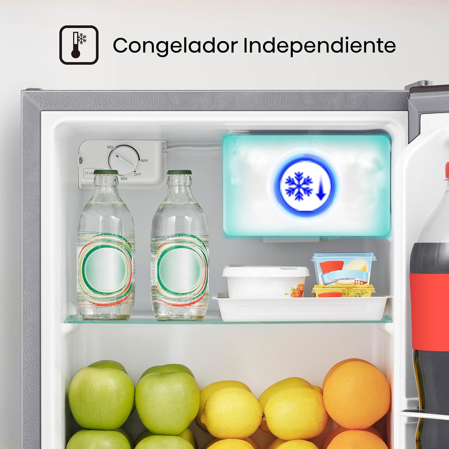 Hisense RR16D6AGX1- Frigobar,1.6 pies cúbicos,Congelador independiente,Termostato ajustable,Estantes para botellas de 2 litros,45x47x50cm(AnchoxLargoxAlto),Gris