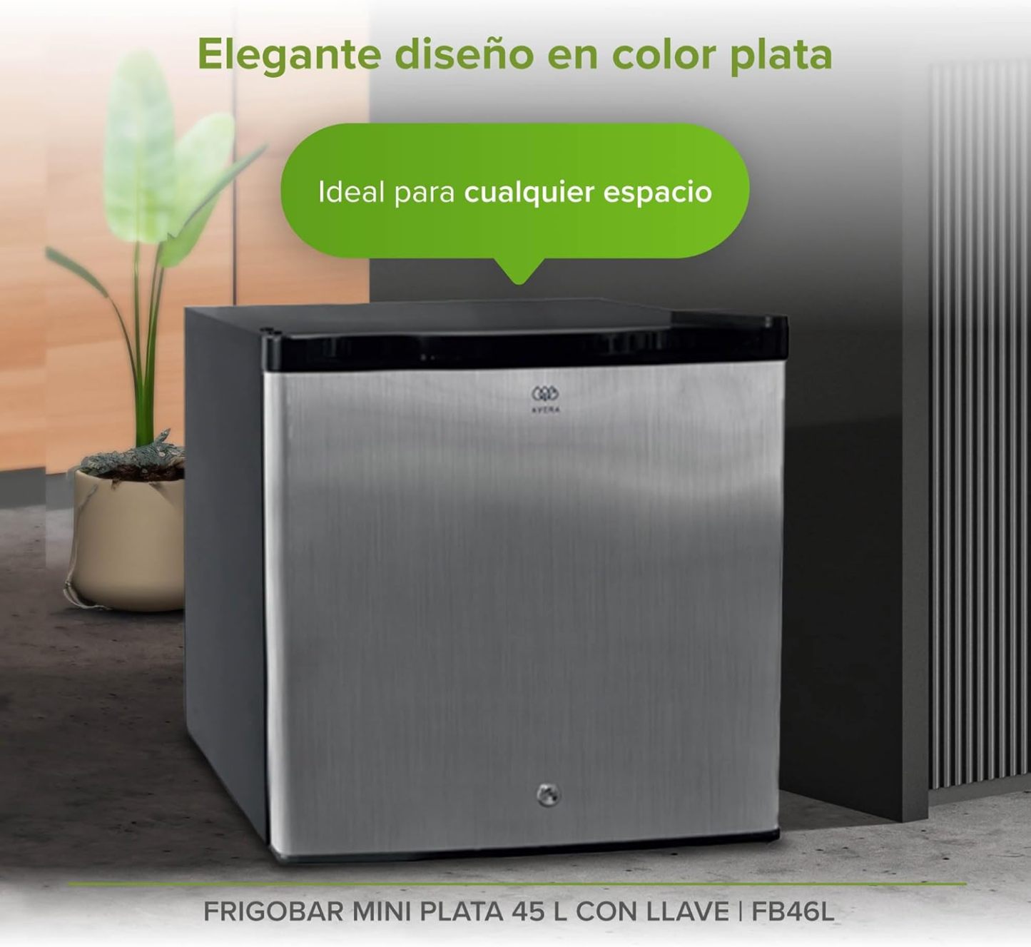 AVERA Frigobar con congelador de 1.6 pies, mini bar con capacidad de 45 L, mini refrigerador con llave, refrigerador con control de temperatura ajustable, puerta reversible de color plata | FB46L