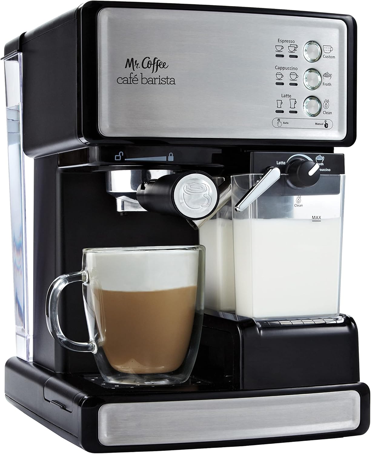 Mr. Coffee Cafe Barista Cafetera eléctrica para espresso con espumador de leche automático, BVMC-Ecm.P1000, Sin muestra gratis, Acero inoxidable, 1