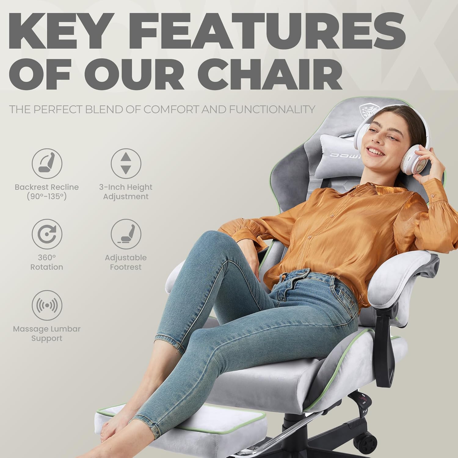 Dowinx - Silla de Juego de Tela con cojín de Resorte de Bolsillo, Silla de Juego de Masaje con reposacabezas, Silla ergonómica de computadora con reposapiés de 300 Libras, Negro y Gris