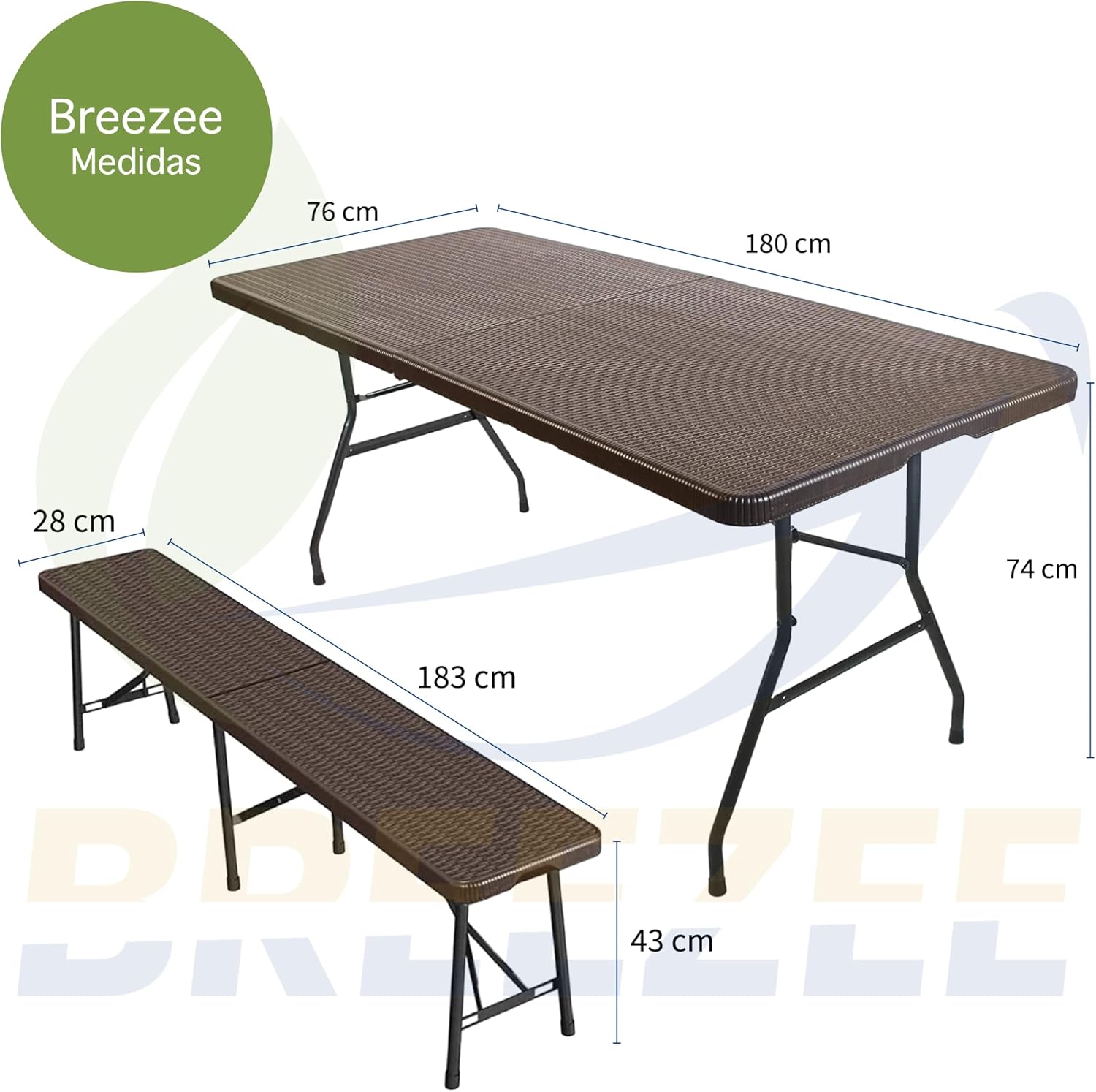 BREEZEE Mesa y 2 Bancas Plegables Tipo Rattan, Portátil, Resistente Mesa De Plástico, 180 x 74 x 76 cm, para Interiores y Exteriores, Jardín, Hogar, Camping, Aire Libre, Estilo de Vida