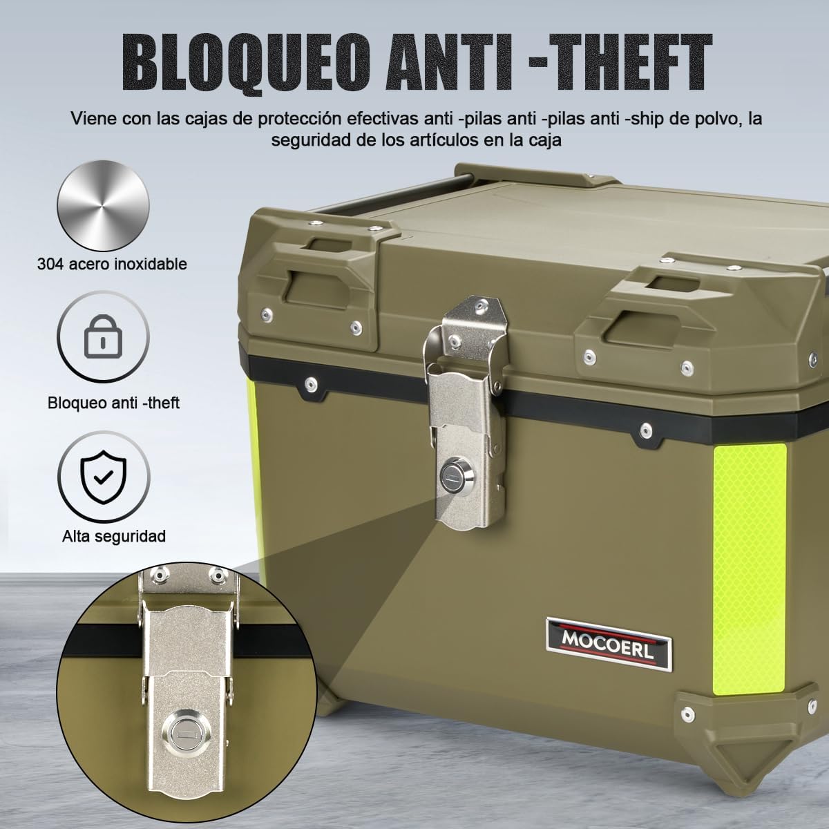 MOCOERL-Impermeable Baul Trasero Caja Moto Abs Respaldo Acojinado 45l Puede contener 1 casco Con cierre de seguridad de acero inoxidable Verde militar (E-570-G)