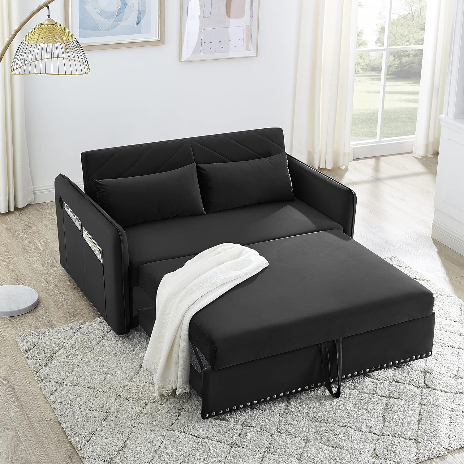 Miscoos - Sofá Cama de Terciopelo con Puerto USB 3 en 1 Ajustable, tirón, 2 Almohadas Lumbar, Bolsillo Lateral, Adecuado para Sala de Estar, recámara, Color Negro