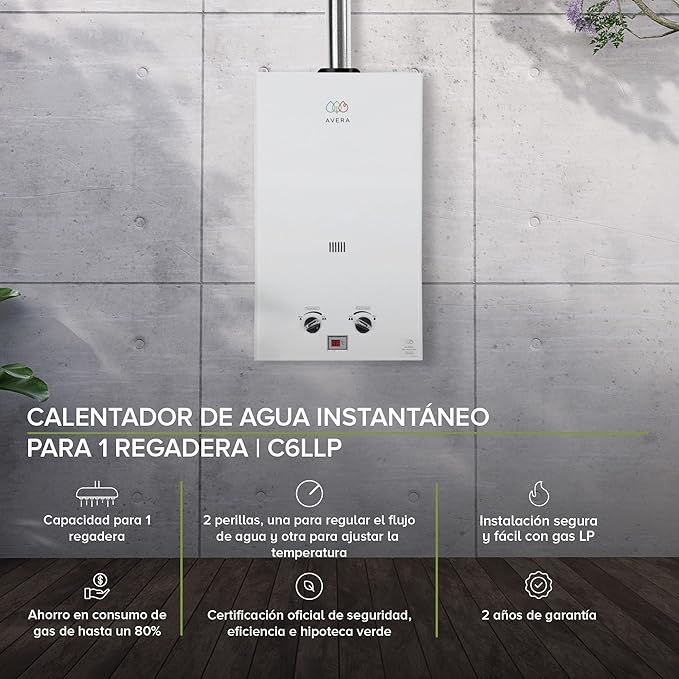 AVERA Calentador de Agua Instantaneo para 1 Regadera GAS LP, Perillas Reguladoras, (Ahorra Hasta 80% de Gas y Disfruta de Agua Caliente al Instante), Boiler de Paso, Capacidad 6 Litros/Minuto, C6L