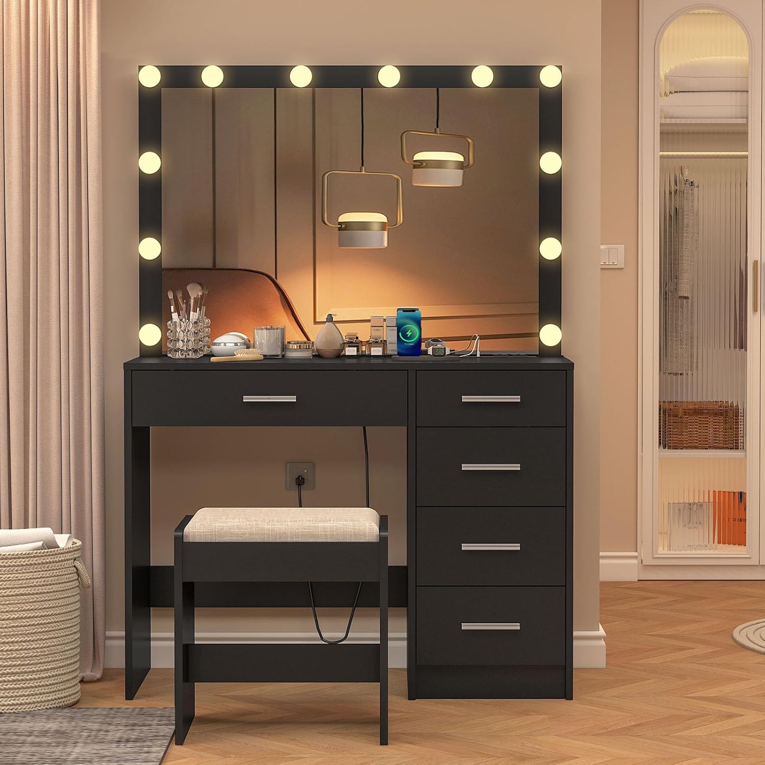 usikey - cambiador de maquillaje con 12 luces, computadora de cambiador con toma de corriente, mesa de maquillaje con 5 cajones, espejo grande, cambiador con taburete para recámara, baño, negro