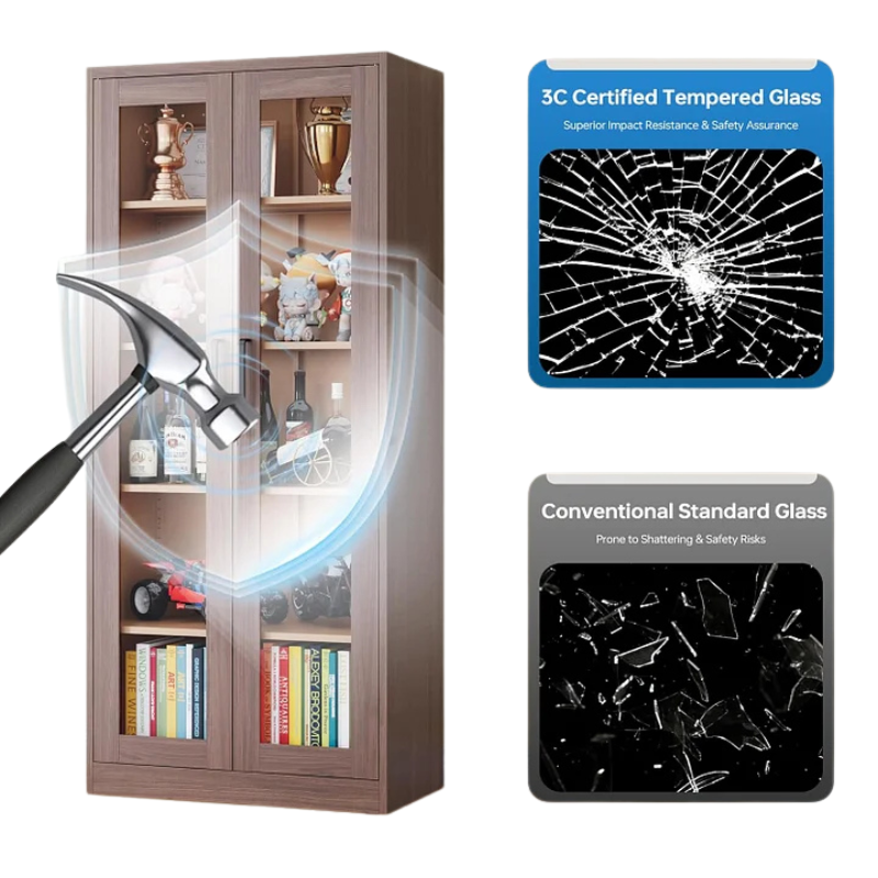 PEUKC - Vitrina con puertas de vidrio, vitrinas con 4 estantes ajustables y cerradura para el hogar, la oficina, la clínica, la despensa, requiere ensamblaje, negro, color madera