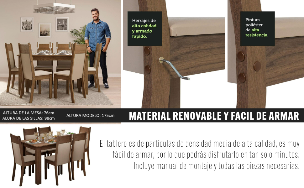 Madesa Juego de Comedor, Mesa con Tablero de Madera y 6 Sillas Ja&iacute;ne - Marr&oacute;n/Crema/Beige