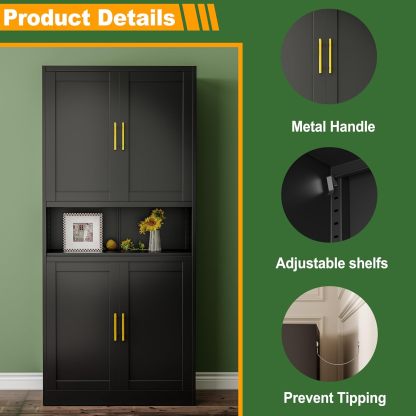 Ckzbx Gabinete de cocina de metal de 61 pulgadas de alto con 4 puertas, armarios de baño, 2 estantes ajustables para cocina, oficina en casa, sala de estar, comedor (negro)