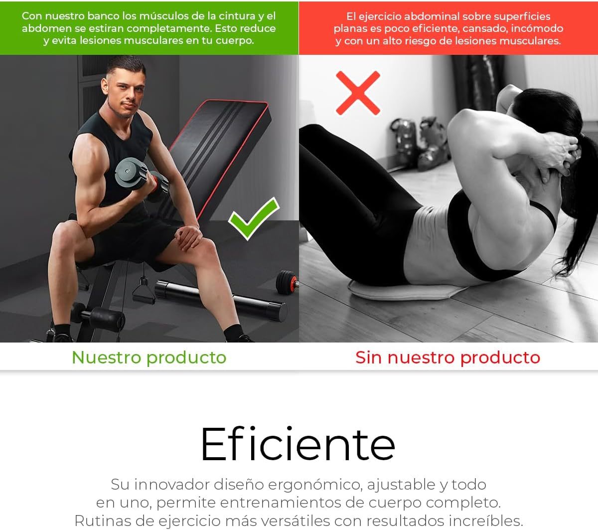 Raganet, Banco Fitness Multiposiscion, Banco de Addominales con 2 Ligas Incluidas, Asiento de Pesas Ajustable en 7 Posiciones, Soporta Hasta 250Kg, Negro