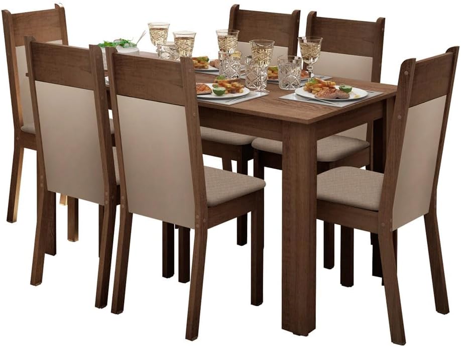 Madesa Juego de Comedor, Mesa con Tablero de Madera y 6 Sillas Jaíne - Marrón/Crema/Beige