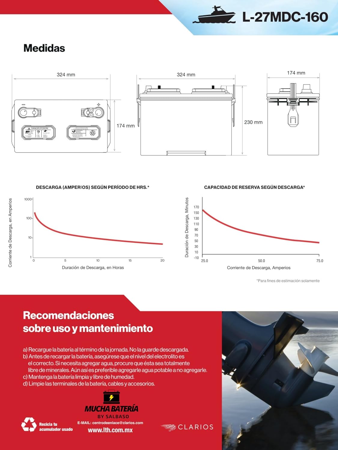 LTH Batería Acumulador Lth Ciclo Profundo Marina L-27MDC-160