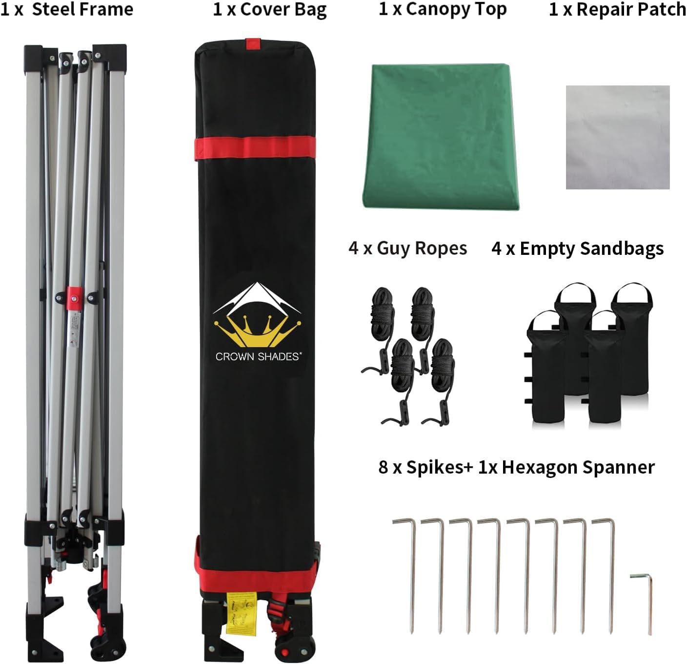 CROWN SHADES - Toldo desplegable de 3.60 x 3.60 metros, toldo patentado de un empuje con bolsa de transporte con ruedas, 8 estacas y 4 cuerdas, negro