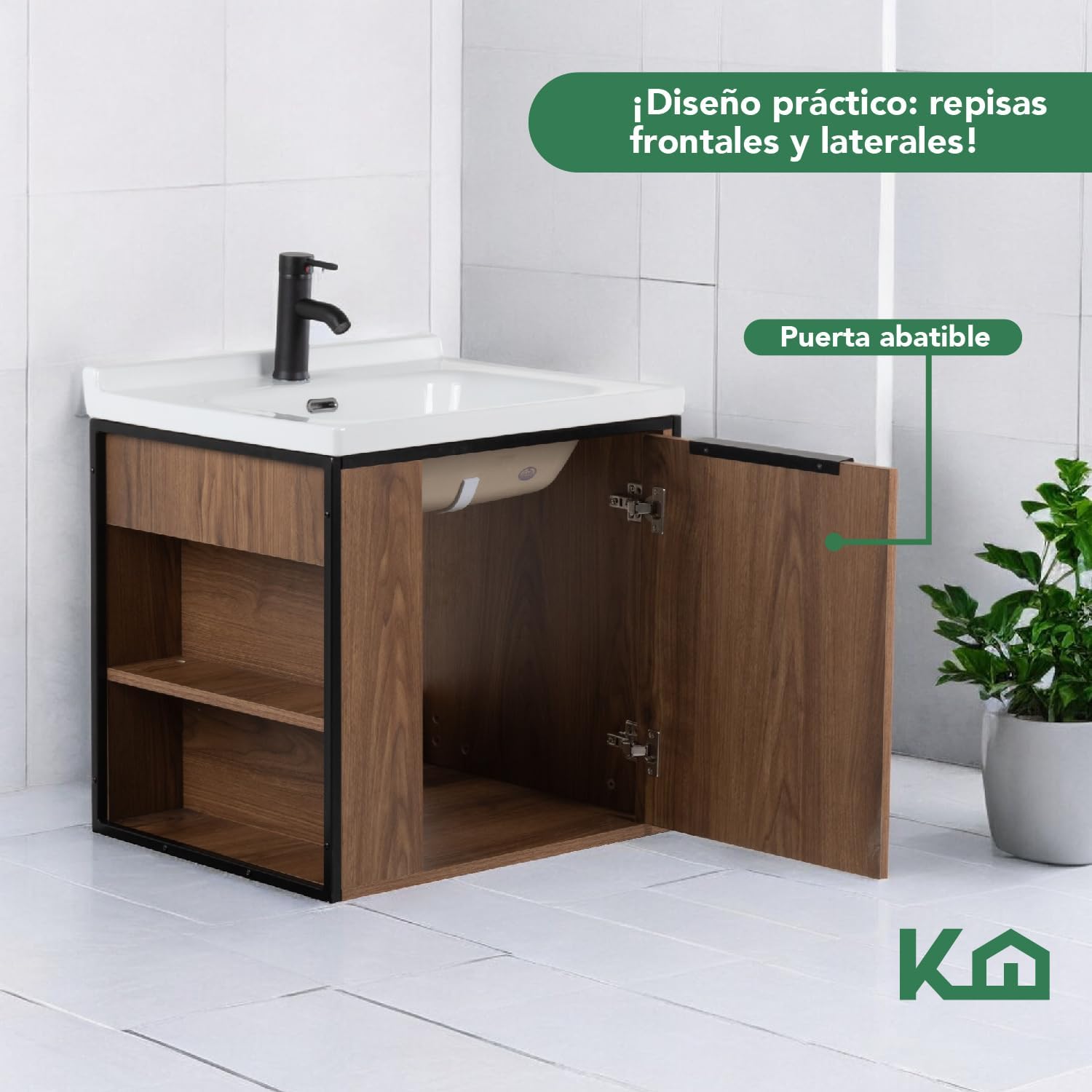 Kingshouse | Gabinete para Baño con Ovalín y Monomando – Mueble de Baño Lavamanos con 2 Cajones – Lavabo – Gabiente Organizador - Color Gris Mate – Fibra de Madera MDF – Lavamanos De Cerámica