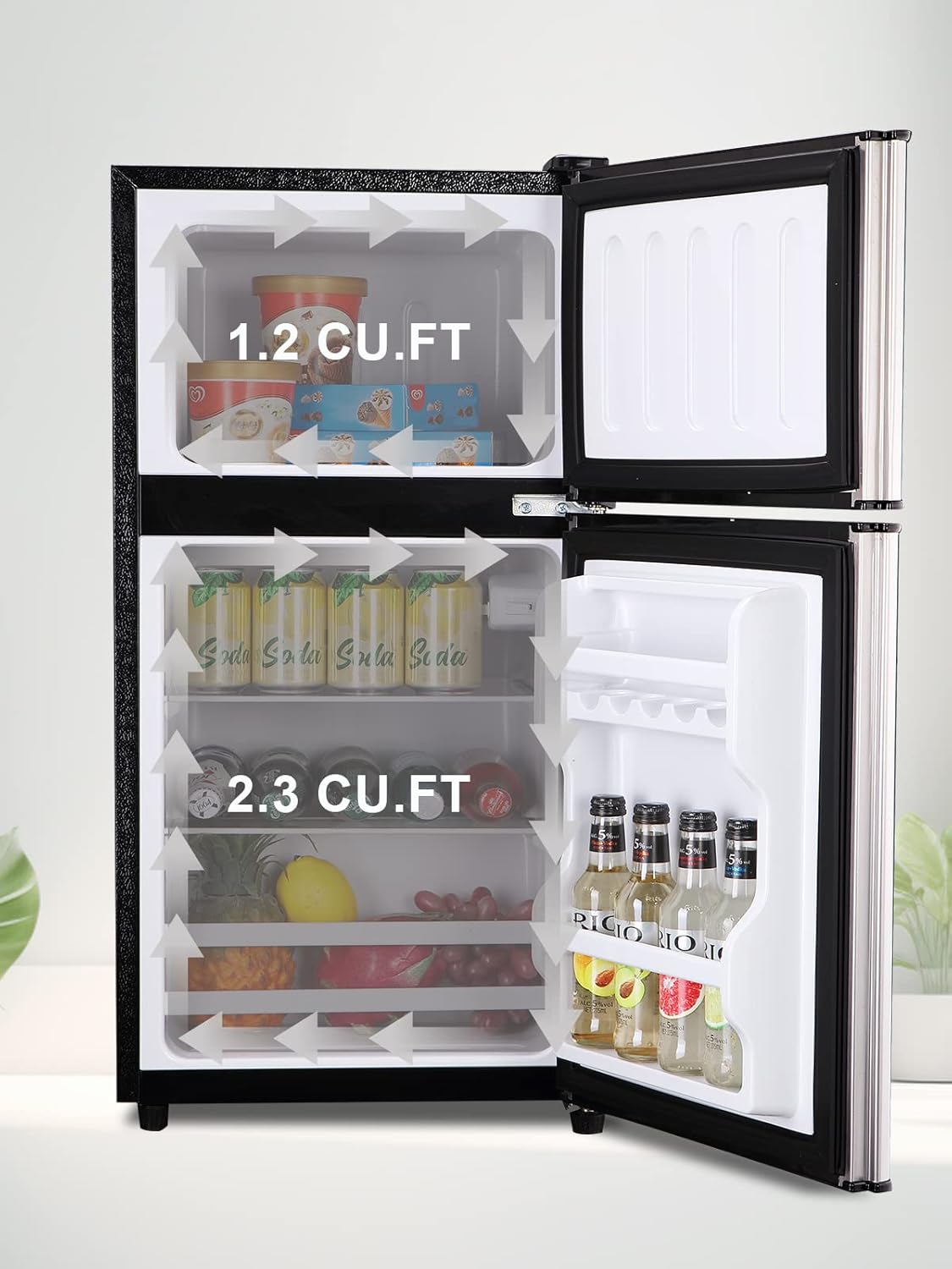 Mini nevera de 3.5 pies cúbicos, refrigerador pequeño, termostato ajustable de 7 niveles, estantes extraíbles con acero inoxidable, 2 puertas para oficina, recámara, departamento, plata,