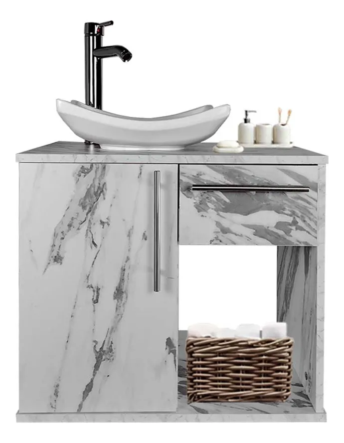 Gabinete de Baño con Lavamanos y Monomando con Botiquin un Agujero para Llave Mueble color Mármol Blanco y Lavado blanco