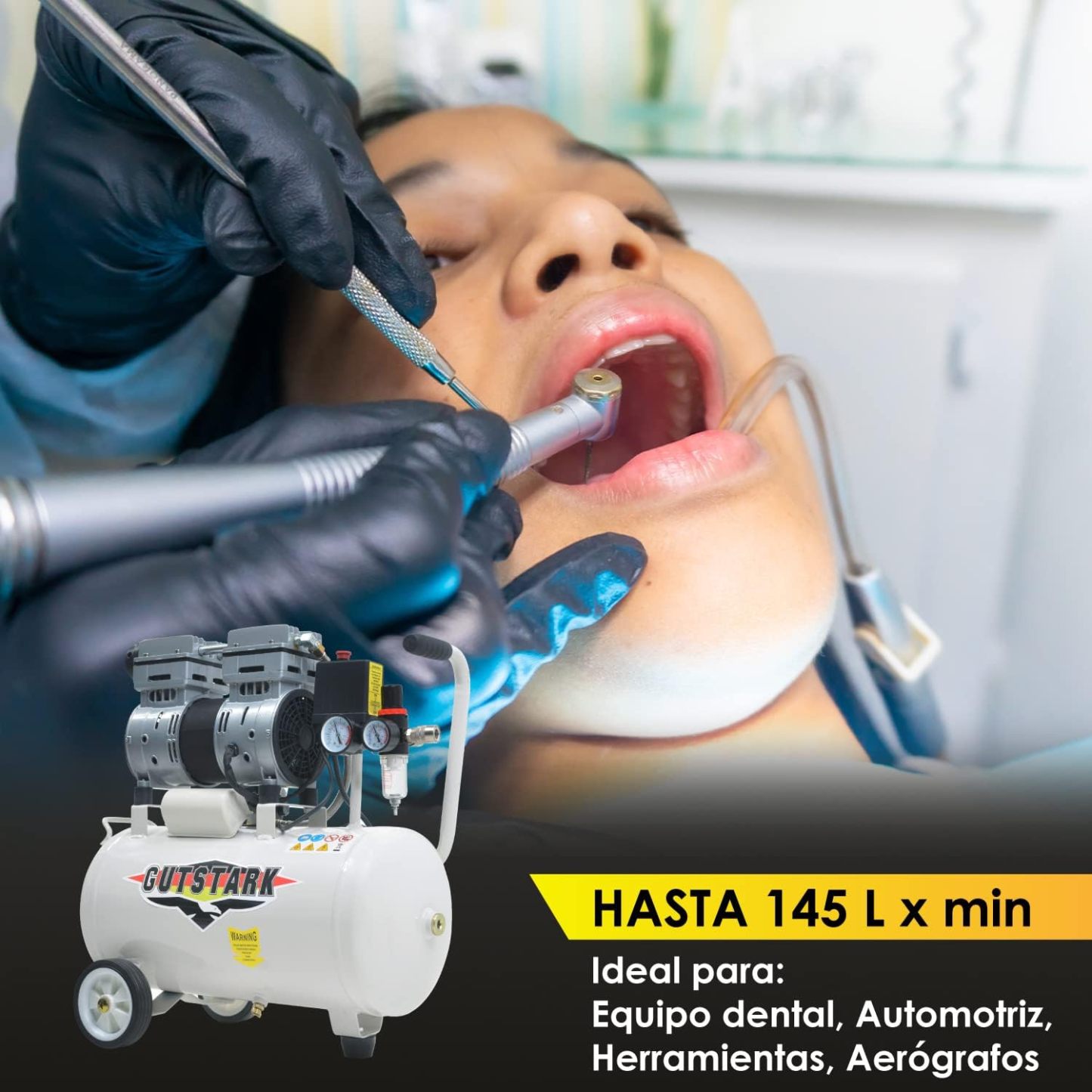 Gutstark Compresor de Aire Libre de Aceite para Pintar Estacion Dental 1HP 25 Litros 116 PSI 1680 RPM Válvula Solenoide 2 Pistones Compresor Silencioso Flujo de Aire 145 Lts X Min Compresores de Aire