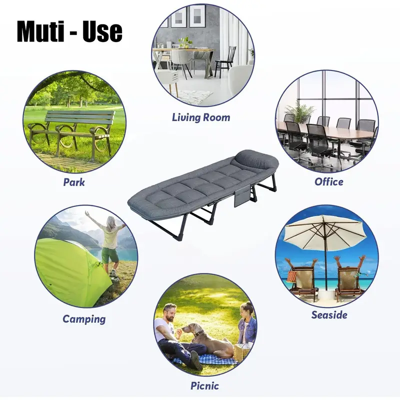1 pza. Camas plegables para adultos, con 6 posiciones ajustables, soporta 550 libras, cama port&aacute;til y plegable con colch&oacute;n de 3 cm y almohada de 4, marco resistente para acampar, viajar, habitaci&oacute;n, oficina detalles 5