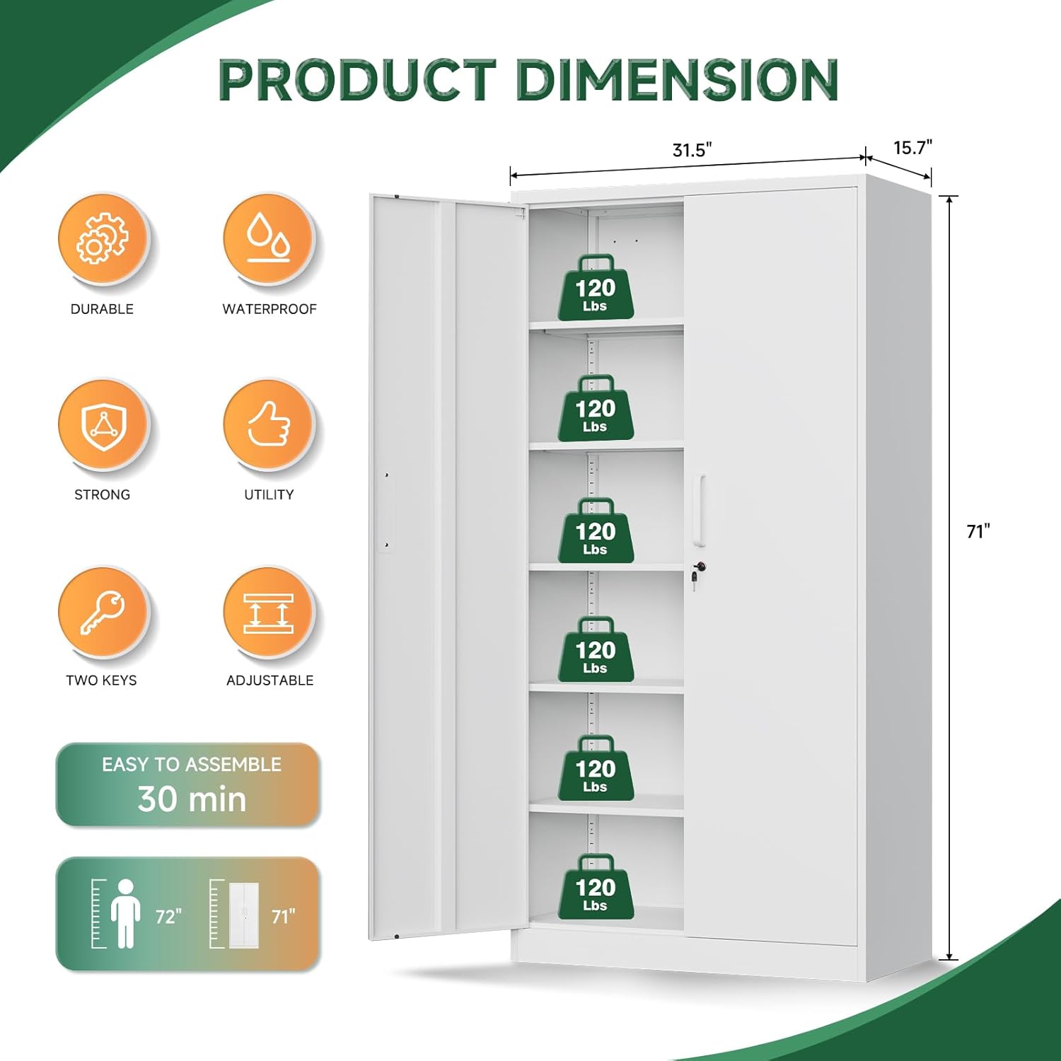Letaya - Armarios de almacenamiento de metal con puerta de cerradura, armarios de acero, 5 estantes ajustables para el hogar, oficina, almacén (blanco)