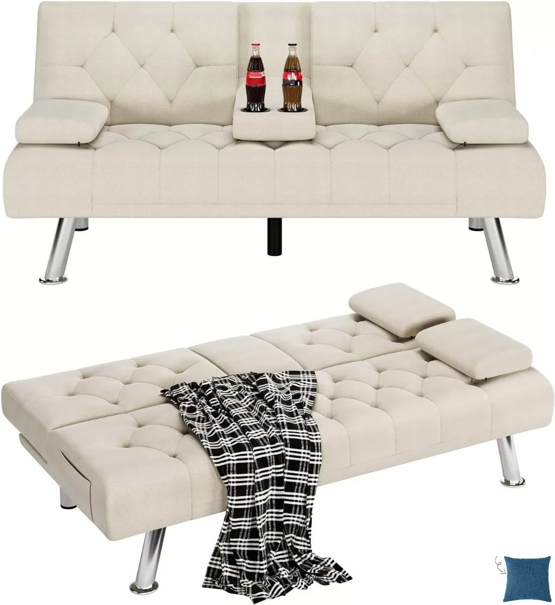 Sofá cama futón plegable portavasos de piel sintética marrón-----almohada cojín