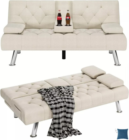 Sofá cama futón plegable portavasos de piel sintética marrón-----almohada cojín