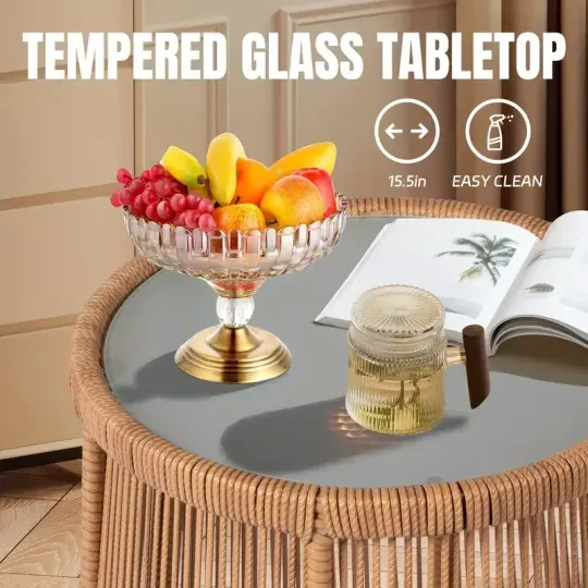 Juego de 3 muebles de mimbre para patio, incluye 2 sillas y una mesa con tapa de vidrio, ideal para porche, exterior, patio trasero, apartamento, balcón, color natural.