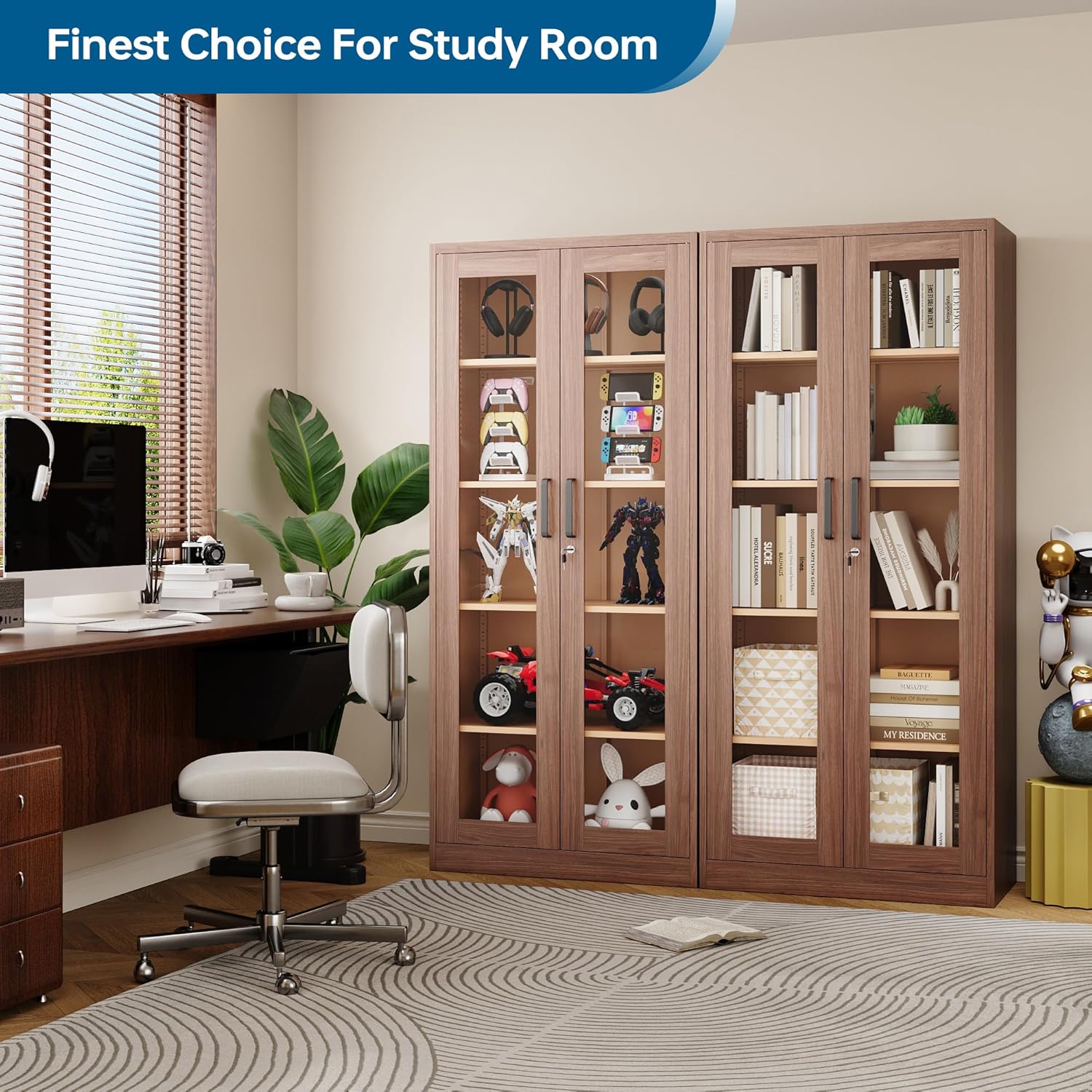 PEUKC - Vitrina con puertas de vidrio, vitrinas con 4 estantes ajustables y cerradura para el hogar, la oficina, la clínica, la despensa, requiere ensamblaje, negro, color madera