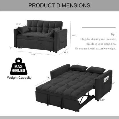 SofÃ¡ cama convertible de terciopelo con respaldo regulable en altura, almohadones con espacio de almacenamiento y sofÃ¡ cama extraÃ­ble