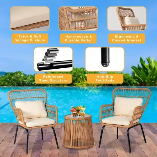 Juego de 3 muebles de mimbre para patio, incluye 2 sillas y una mesa con tapa de vidrio, ideal para porche, exterior, patio trasero, apartamento, balcón, color natural.