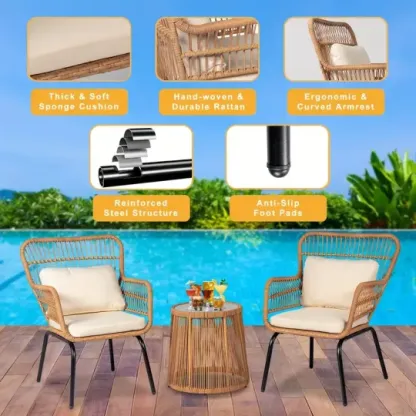 Juego de 3 muebles de mimbre para patio, incluye 2 sillas y una mesa con tapa de vidrio, ideal para porche, exterior, patio trasero, apartamento, balcón, color natural.