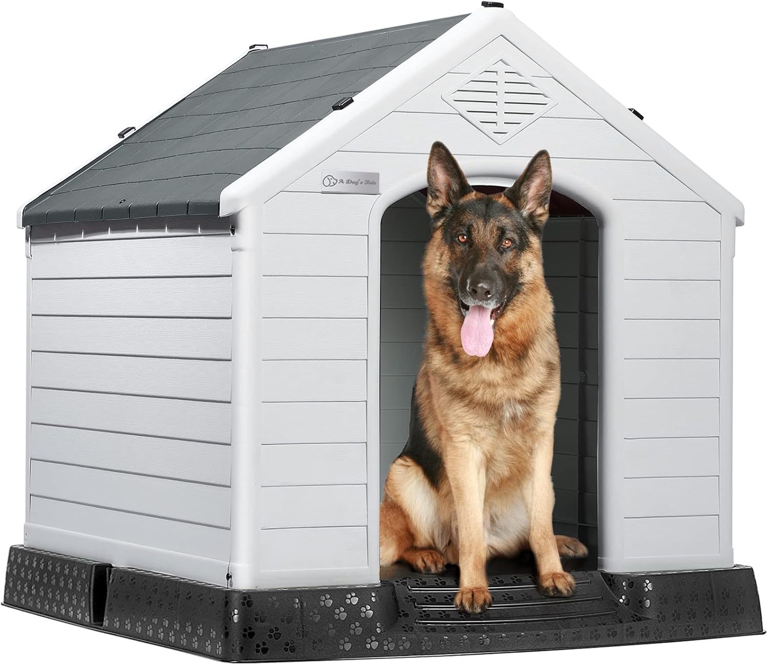 LEMBERI Casa de plástico duradera e impermeable para perros de tamaño pequeño a grande, casa de perro aislada para interiores y exteriores, refugio para cachorros con suelo elevado, fácil de montar, diseño de ventilación para perros