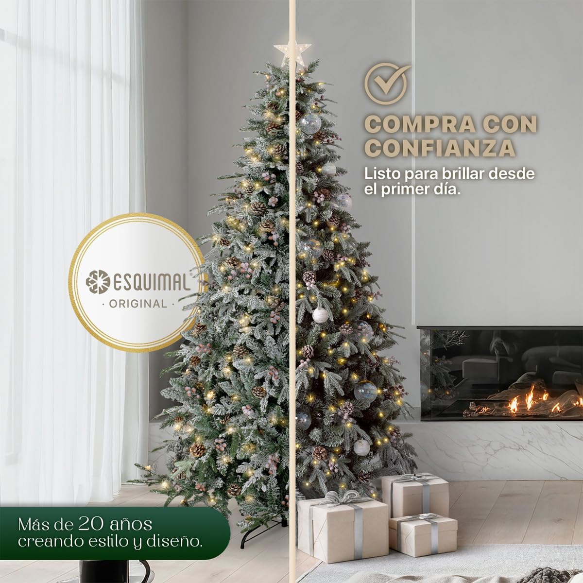 ESQUIMAL Árbol de Navidad Nevado con Luces LED 8 Modos de Iluminación + Estrella + Piñas + Bayas Rojas (1.80 m)