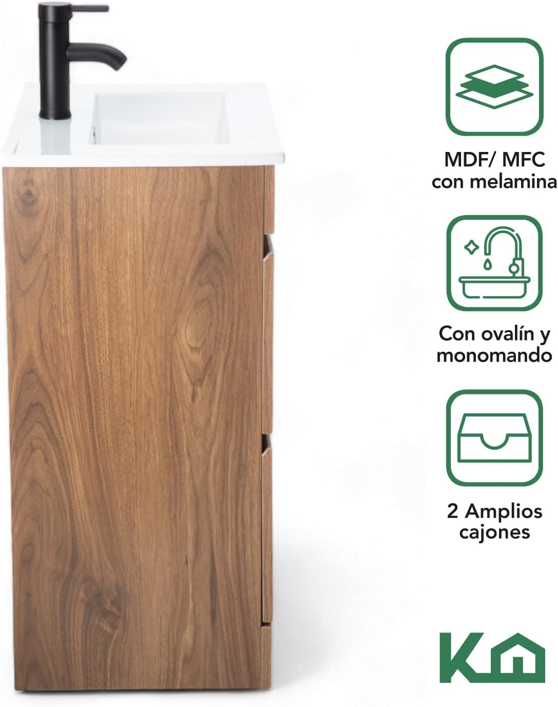 Kingshouse | Gabinete para Baño con Ovalín y Monomando – Mueble de Baño Lavamanos con 2 Cajones – Lavabo – Gabiente Organizador - Color Gris Mate – Fibra de Madera MDF – Lavamanos De Cerámica