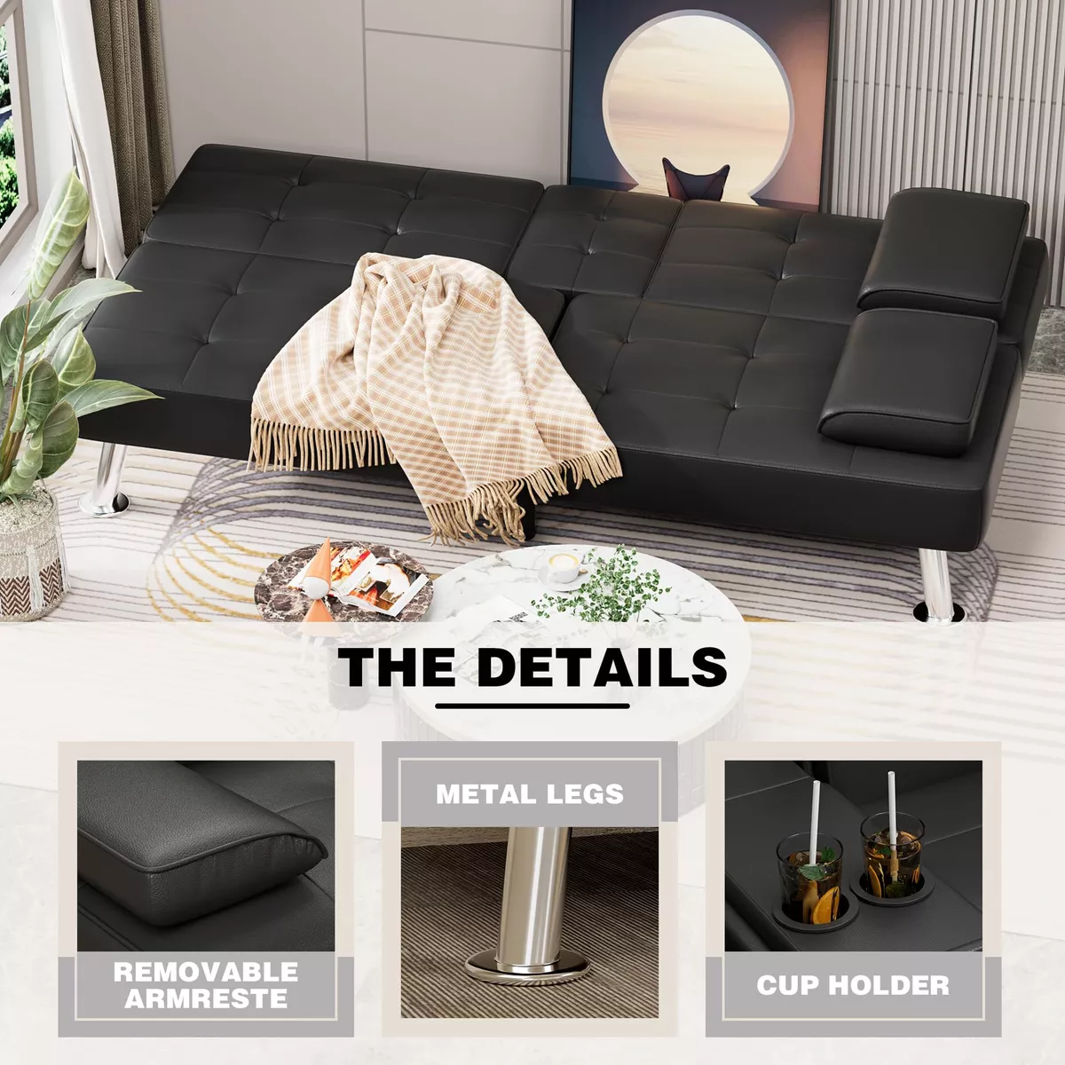 Sofá cama futón plegable portavasos de piel sintética marrón