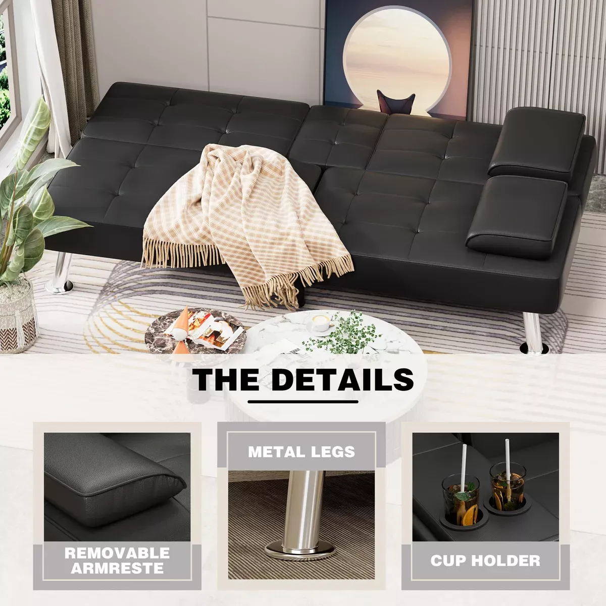 Sofá cama futón plegable portavasos de piel sintética marrón-----almohada cojín