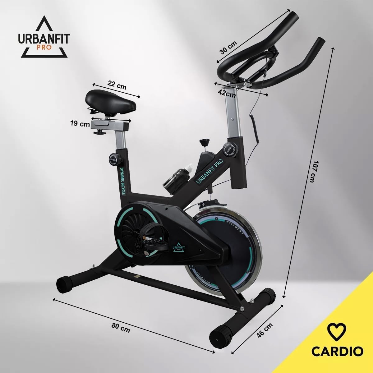 UrbanFit Pro - Bicicleta para Spinning, Estática - Disco de 7 kg - Monitor Electrónico, 6 Funciones - Bici Fija, Ajustable - Cardio en Casa - Varios Colores