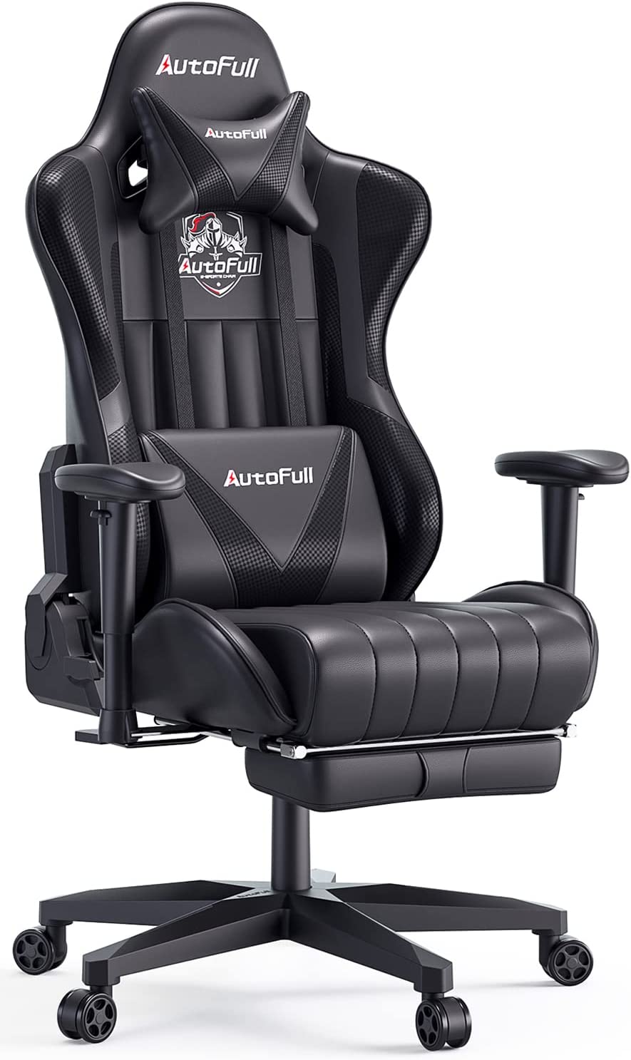 AutoFull Silla Gaming Ergonómica Silla de Oficina Silla Gamer Cuero de PU Silla de Escritorio,Altura e inclinación Ajustables,Soporte Lumbar y reposapiés,Negro