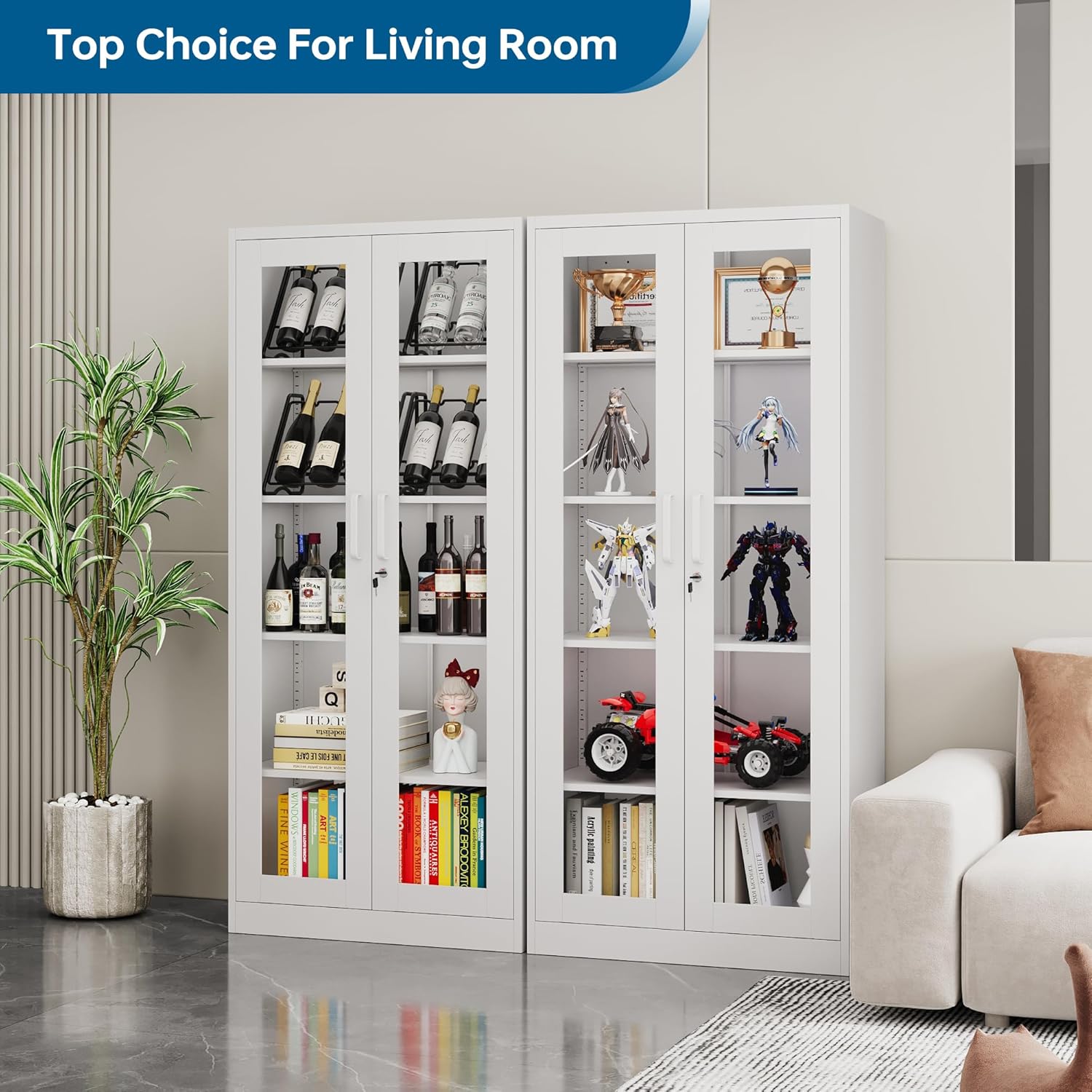 PEUKC - Vitrina con puertas de vidrio, vitrinas con 4 estantes ajustables y cerradura para el hogar, la oficina, la clínica, la despensa, requiere ensamblaje, negro, color madera