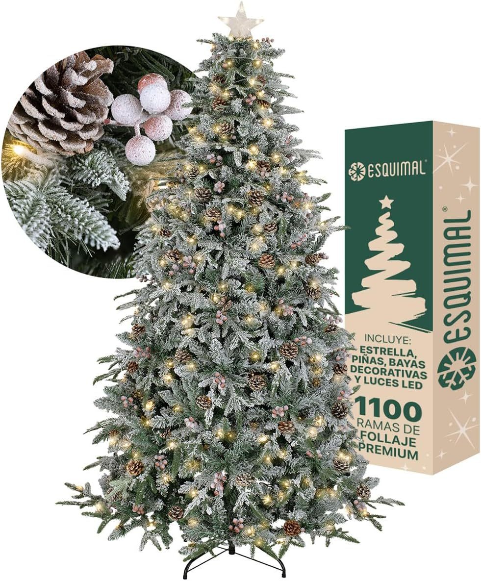 ESQUIMAL Árbol de Navidad Nevado con Luces LED 8 Modos de Iluminación + Estrella + Piñas + Bayas Rojas (1.80 m)