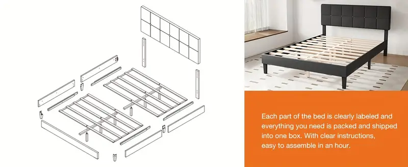 Estructura de cama con cabecero, sin necesidad de somier, cama plataforma tapizada en lino con soporte de listones de madera, sin ruido, perfecta para una noche de sue&ntilde;o   detalles 3